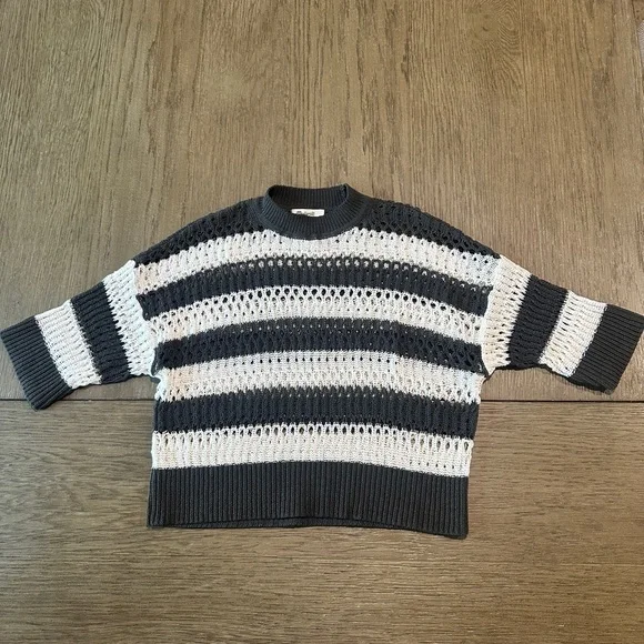 Madewell Open-Stitch Cropped Sweater Tee Charcoal Stripe Size XXS - Picture 2 of 8